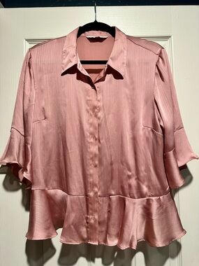 Nine West Dusty Rose Satin Ruffle Hem Blouse